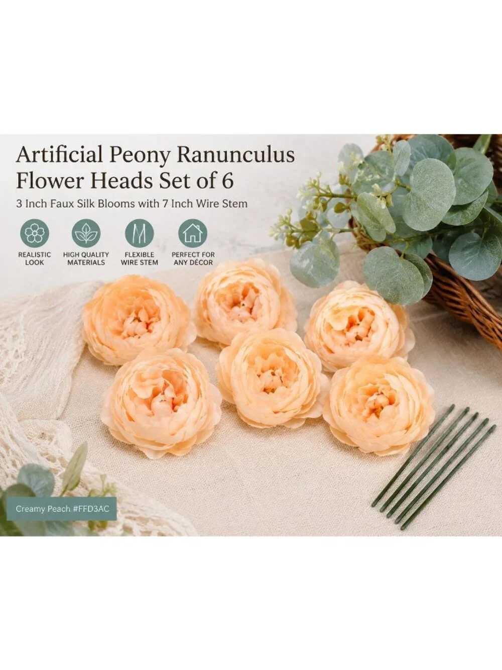 Creamy Peach Artificial Peony Ranunculus Flowers Set of 6 with 7 Inch Wire Stems